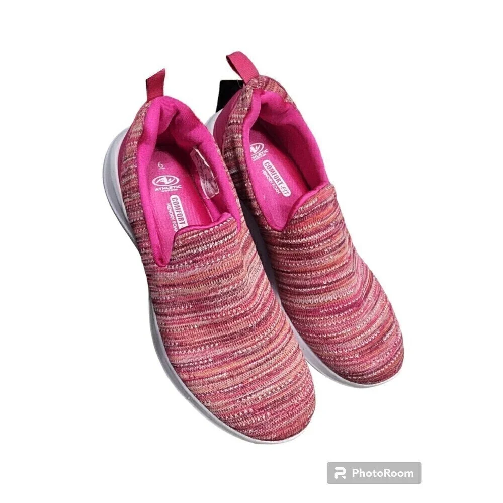 Athletic Works Comfort-Fit Memory Foam Pink Stripe Slip-in Shoes Women's Size 6